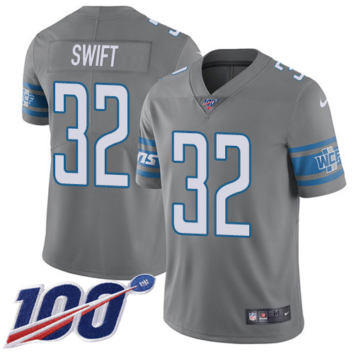 Personalized Lions #32 D’Andre Swift Gray Men’s Stitched NFL Limited Rush 100th Season Jersey