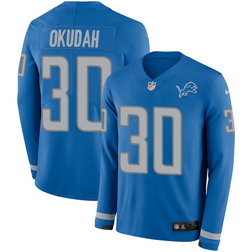 Personalized Lions #30 Jeff Okudah Blue Team Color Men’s Stitched NFL Limited Therma Long Sleeve Jersey