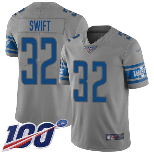 Personalized Lions #32 D’Andre Swift Gray Men’s Stitched NFL Limited Inverted Legend 100th Season Jersey