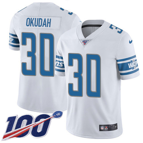 Personalized Lions #30 Jeff Okudah White Men’s Stitched NFL 100th Season Untouchable Limited Jersey