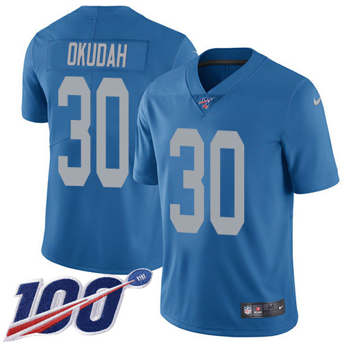 Personalized Lions #30 Jeff Okudah Blue Throwback Men’s Stitched NFL 100th Season Untouchable Limited Jersey