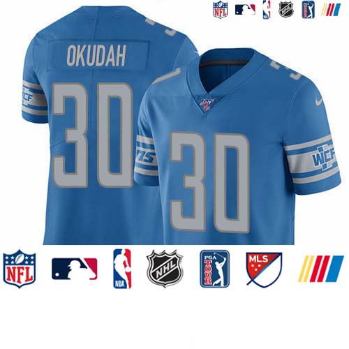 Personalized Lions #30 Jeff Okudah Blue Team Color Men’s Stitched NFL 100th Season Untouchable Limited Jersey