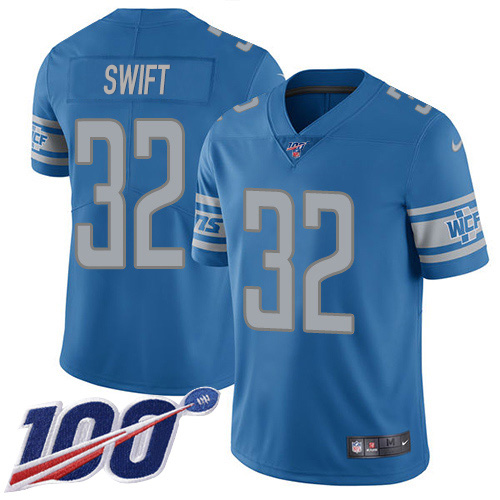 Personalized Lions #32 D’Andre Swift Blue Team Color Men’s Stitched NFL 100th Season Untouchable Limited Jersey