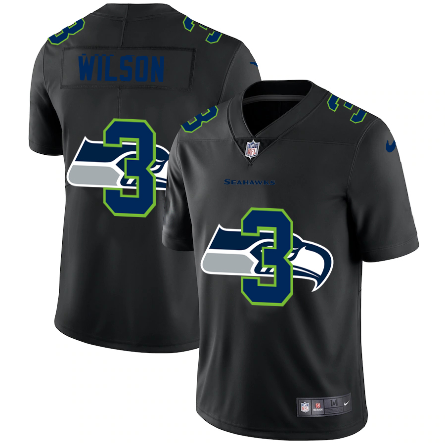 Personalized Seattle Seahawks #3 Russell Wilson Men’s Team Logo Dual Overlap Limited NFL Jersey Black