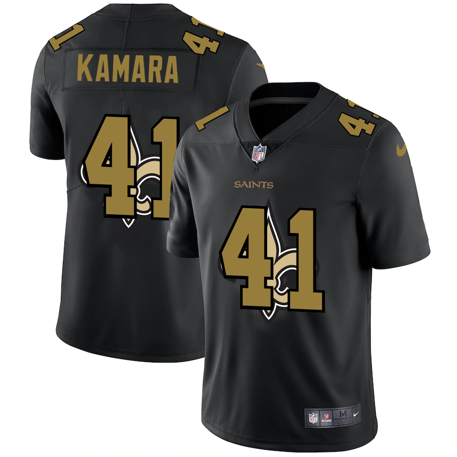 Personalized New Orleans Saints #41 Alvin Kamara Men’s Team Logo Dual Overlap Limited NFL Jersey Black