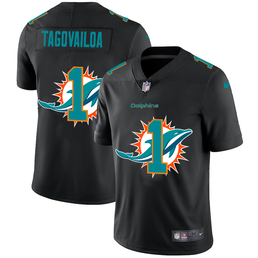 Personalized Miami Dolphins #1 Tua Tagovailoa Men’s Team Logo Dual Overlap Limited NFL Jersey Black