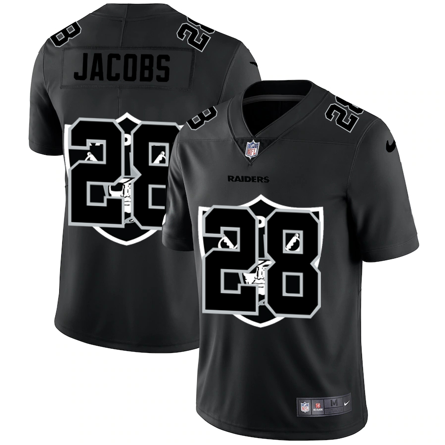 Personalized Las Vegas Raiders #28 Josh Jacobs Men’s Team Logo Dual Overlap Limited NFL Jersey Black