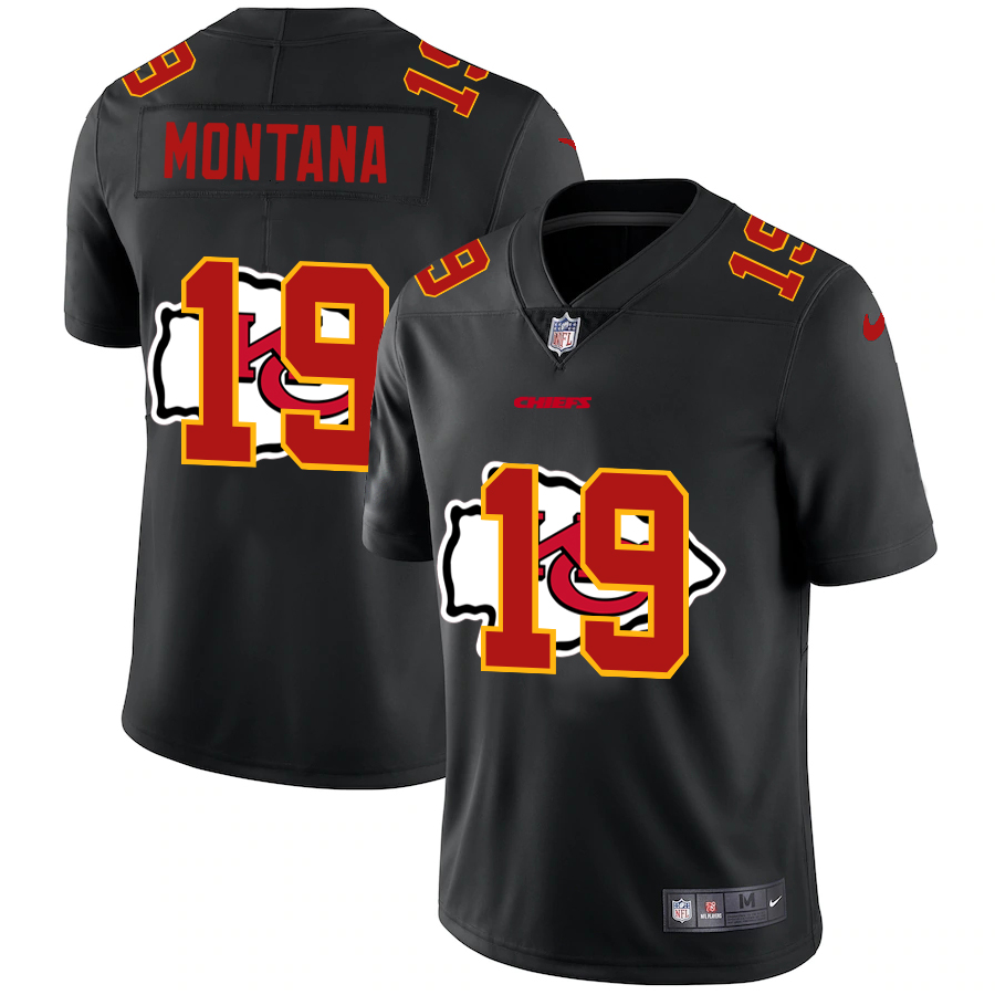Personalized Kansas City Chiefs #19 Joe Montana Men’s Team Logo Dual Overlap Limited NFL Jersey Black