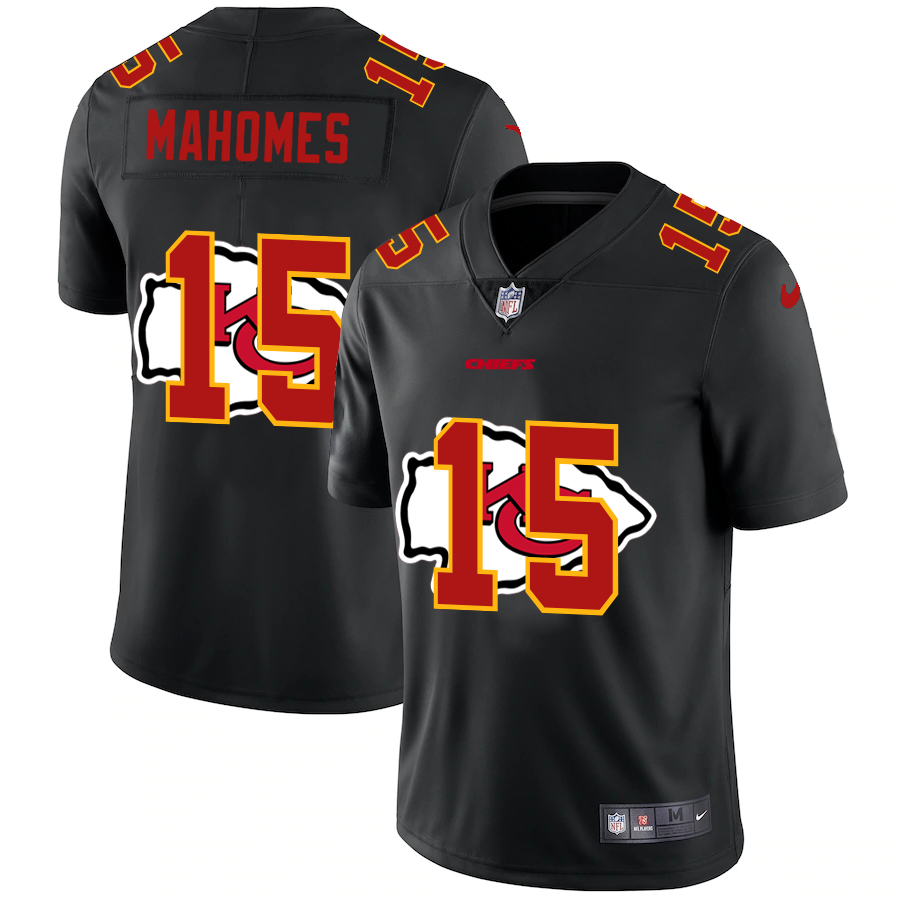 Personalized Kansas City Chiefs #15 Patrick Mahomes Men’s Team Logo Dual Overlap Limited NFL Jersey Black