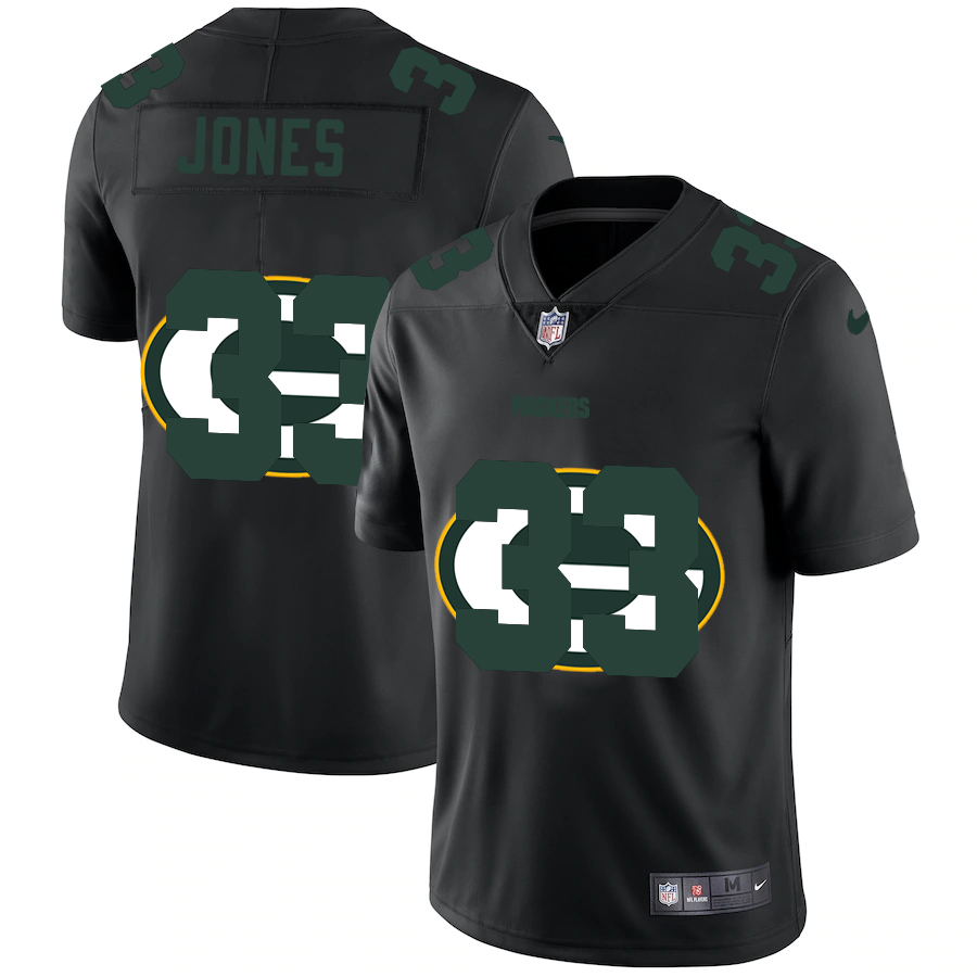 Personalized Green Bay Packers #33 Aaron Jones Men’s Team Logo Dual Overlap Limited NFL Jersey Black
