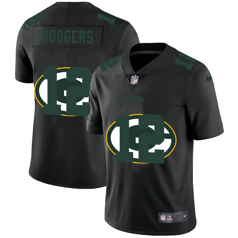 Personalized Green Bay Packers #12 Aaron Rodgers Men’s Team Logo Dual Overlap Limited NFL Jersey Black
