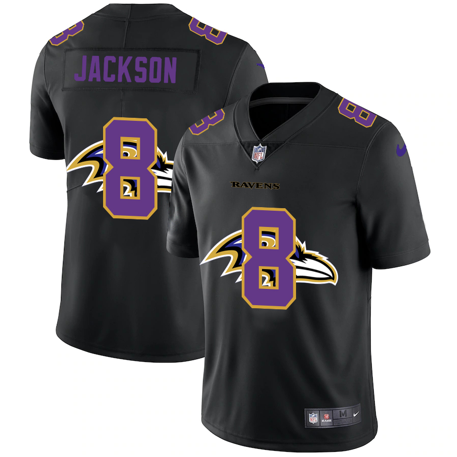 Personalized Baltimore Ravens #8 Lamar Jackson Men’s Team Logo Dual Overlap Limited NFL Jersey Black