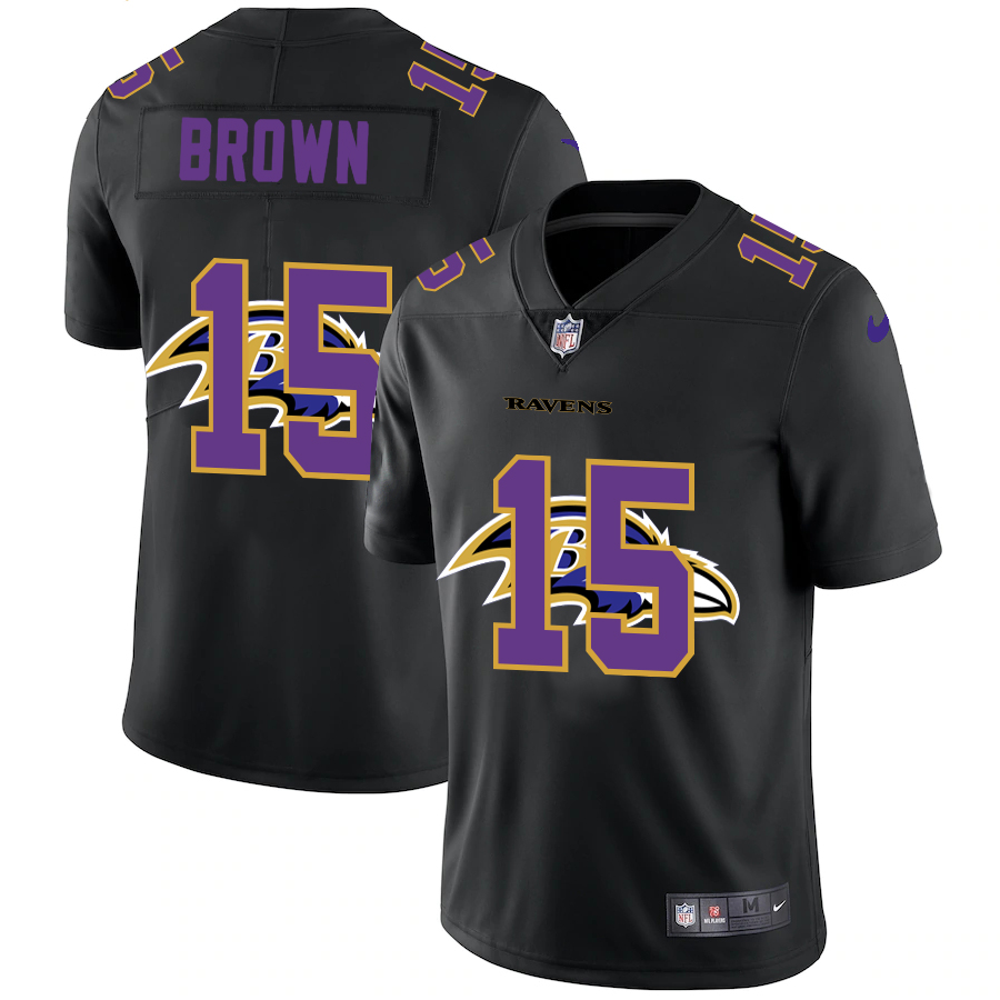 Personalized Baltimore Ravens #15 Marquise Brown Men’s Team Logo Dual Overlap Limited NFL Jersey Black