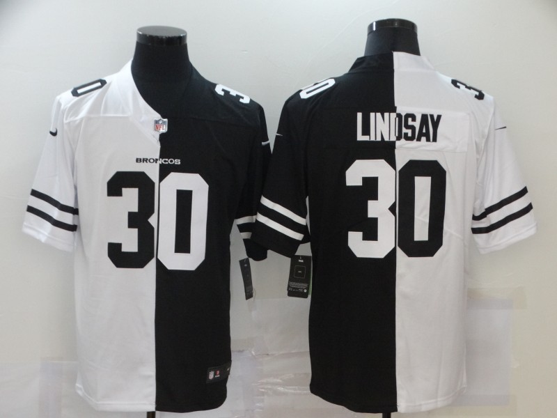 Personalized Broncos 30 Phillip Lindsay Black And White Split Untouchable Limited Jersey
