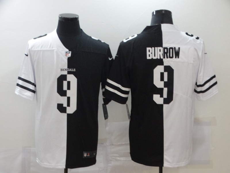 Personalized Bengals 9 Joe Burrow Black And White Split Untouchable Limited Jersey