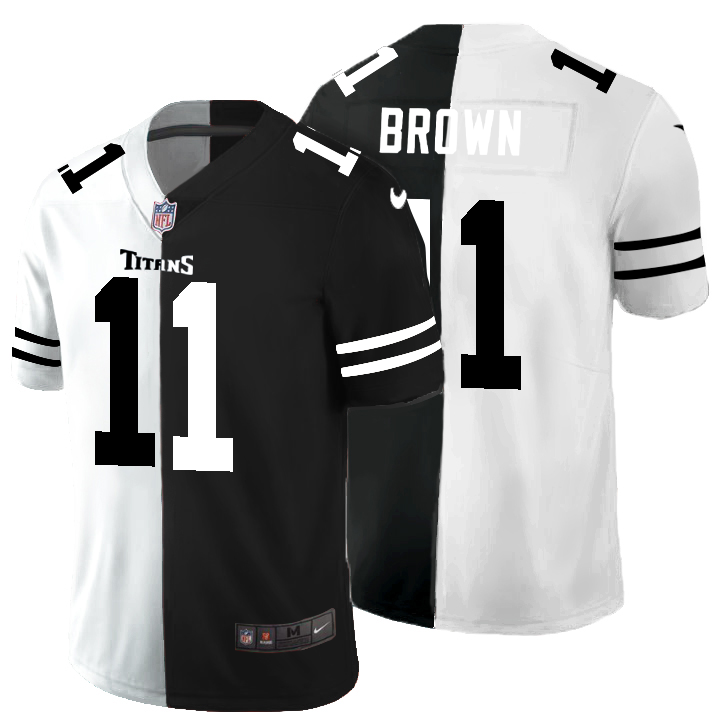 Personalized Tennessee Titans #11 A.J. Brown Men’s Black V White Peace Split Untouchable Limited NFL Jersey