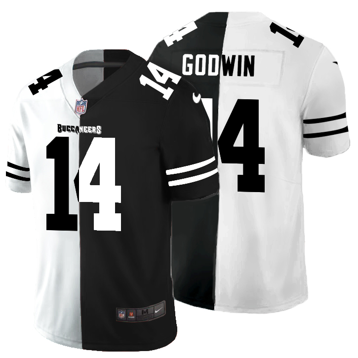 Personalized Tampa Bay Buccaneers #14 Chris Godwin Men’s Black V White Peace Split Untouchable Limited NFL Jersey