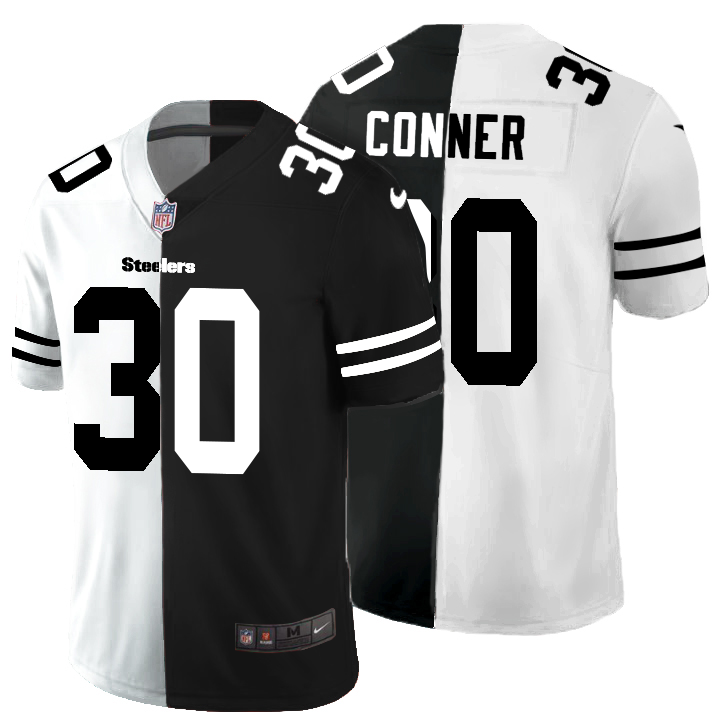 Personalized Pittsburgh Steelers #30 James Conner Men’s Black V White Peace Split Untouchable Limited NFL Jersey