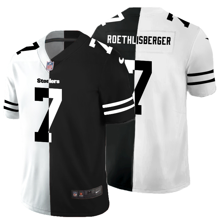 Personalized Pittsburgh Steelers #7 Ben Roethlisberger Men’s Black V White Peace Split Untouchable Limited NFL Jersey
