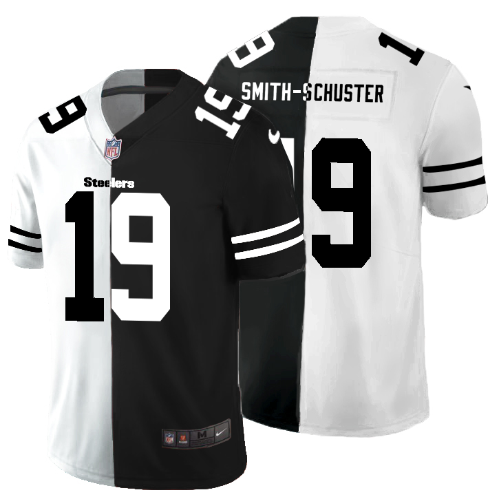 Personalized Pittsburgh Steelers #19 JuJu Smith-Schuster Men’s Black V White Peace Split Untouchable Limited NFL Jersey