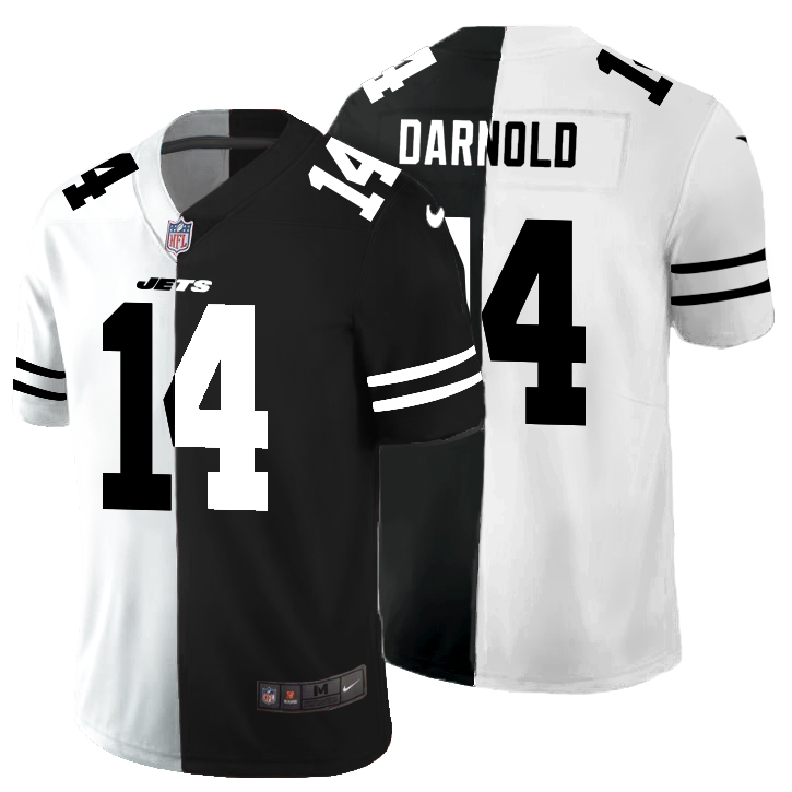 Personalized New York Jets #14 Sam Darnold Men’s Black V White Peace Split Untouchable Limited NFL Jersey