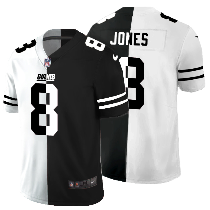 Personalized New York Giants #8 Daniel Jones Men’s Black V White Peace Split Untouchable Limited NFL Jersey