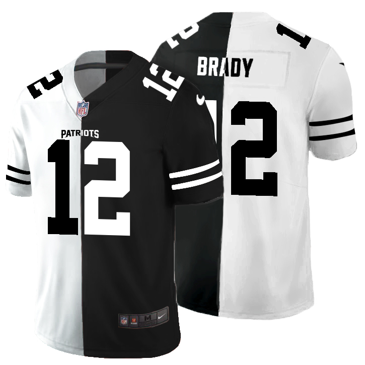 Personalized New England Patriots #12 Tom Brady Men’s Black V White Peace Split Untouchable Limited NFL Jersey