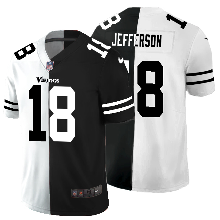 Personalized Minnesota Vikings #18 Justin Jefferson Men’s Black V White Peace Split Untouchable Limited NFL Jersey