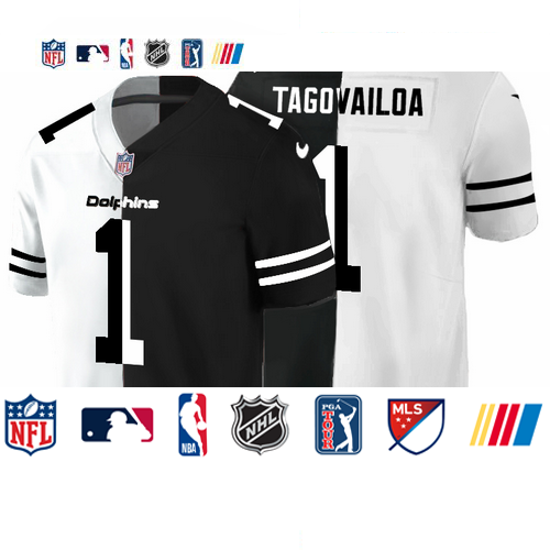 Personalized Miami Dolphins #1 Tua Tagovailoa Men’s Black V White Peace Split Untouchable Limited NFL Jersey