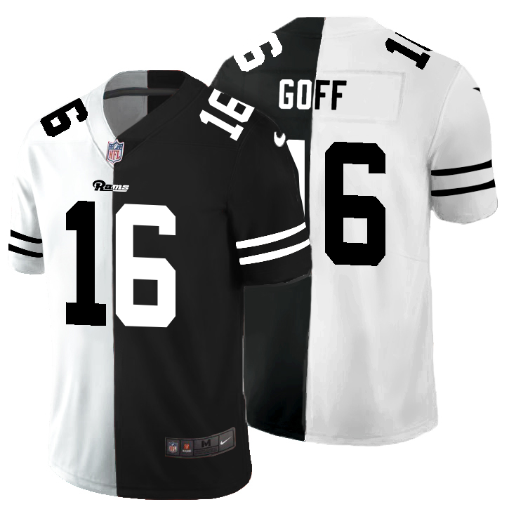 Personalized Los Angeles Rams #16 Jared Goff Men’s Black V White Peace Split Untouchable Limited NFL Jersey