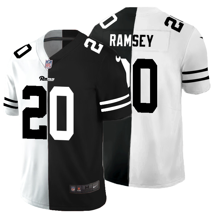 Personalized Los Angeles Rams #20 Jalen Ramsey Men’s Black V White Peace Split Untouchable Limited NFL Jersey