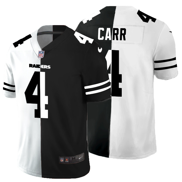 Personalized Las Vegas Raiders #4 Derek Carr Men’s Black V White Peace Split Untouchable Limited NFL Jersey