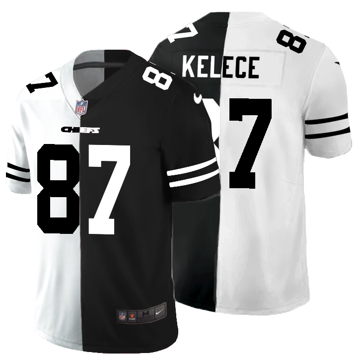 Personalized Kansas City Chiefs #87 Travis Kelce Men’s Black V White Peace Split Untouchable Limited NFL Jersey