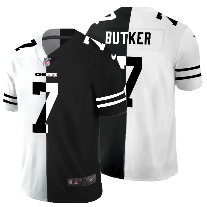 Personalized Kansas City Chiefs #7 Harrison Butker Men’s Black V White Peace Split Untouchable Limited NFL Jersey