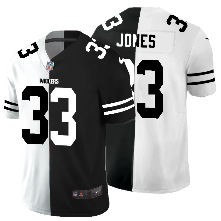Personalized Green Bay Packers #33 Aaron Jones Men’s Black V White Peace Split Untouchable Limited NFL Jersey