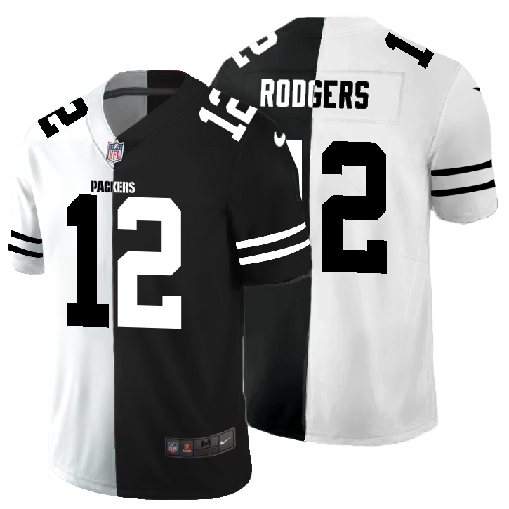 Personalized Green Bay Packers #12 Aaron Rodgers Men’s Black V White Peace Split Untouchable Limited NFL Jersey