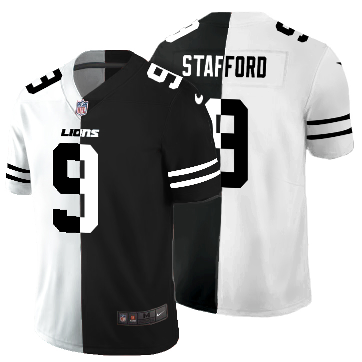 Personalized Detroit Lions #9 Matthew Stafford Men’s Black V White Peace Split Untouchable Limited NFL Jersey