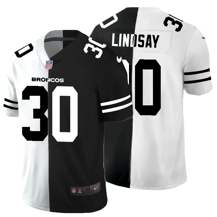 Personalized Denver Broncos #30 Phillip Lindsay Men’s Black V White Peace Split Untouchable Limited NFL Jersey