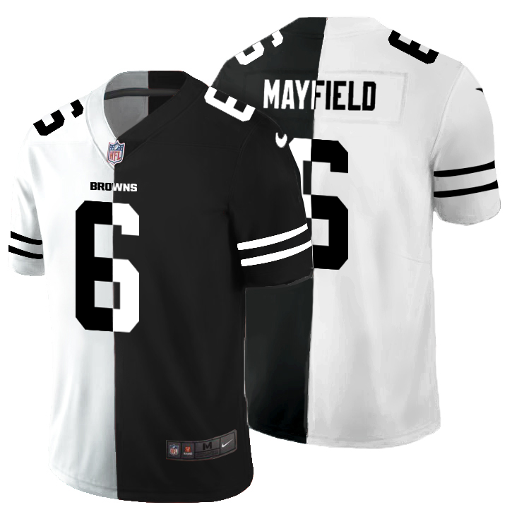 Personalized Cleveland Browns #6 Baker Mayfield Men’s Black V White Peace Split Untouchable Limited NFL Jersey