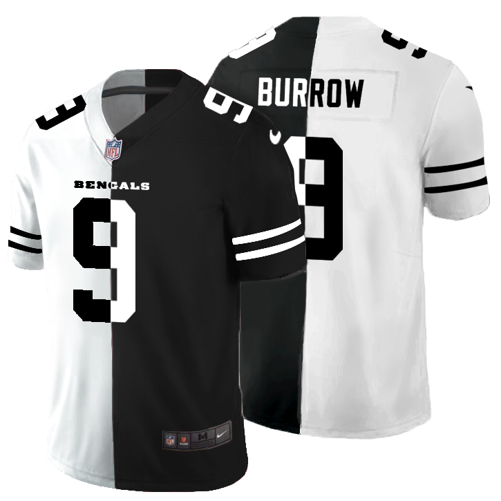 Personalized Cincinnati Bengals #9 Joe Burrow Men’s Black V White Peace Split Untouchable Limited NFL Jersey