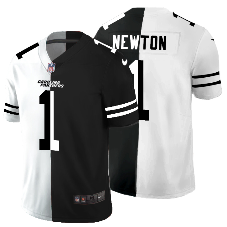 Personalized Carolina Panthers #1 Cam Newton Men’s Black V White Peace Split Untouchable Limited NFL Jersey