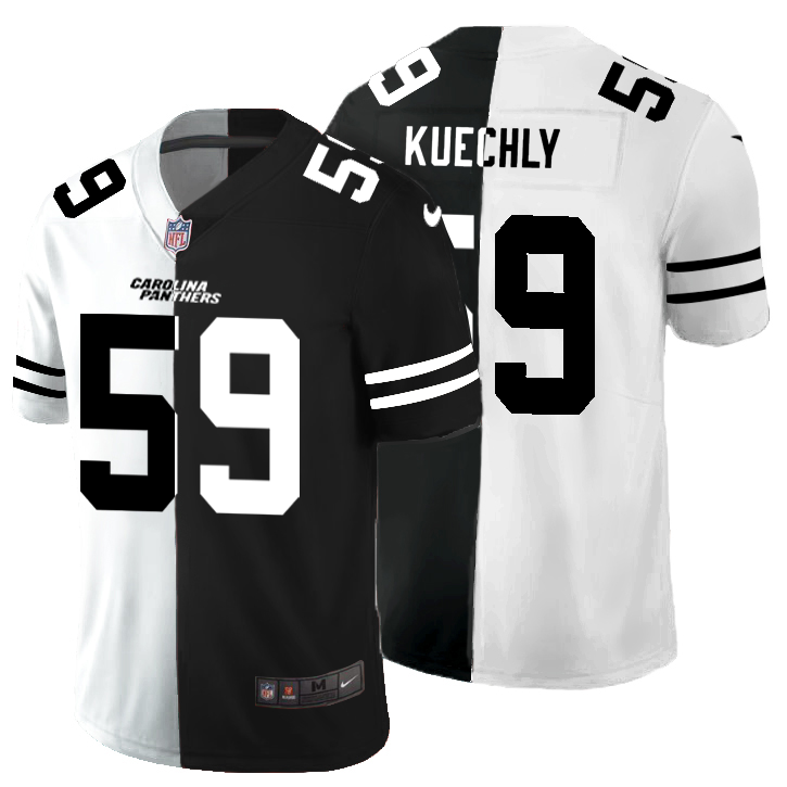 Personalized Carolina Panthers #59 Luke Kuechly Men’s Black V White Peace Split Untouchable Limited NFL Jersey