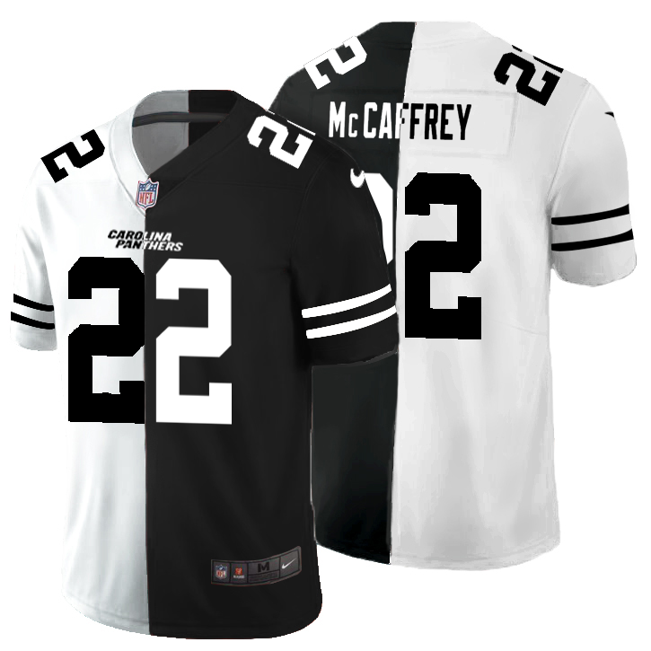 Personalized Carolina Panthers #22 Christian McCaffrey Men’s Black V White Peace Split Untouchable Limited NFL Jersey