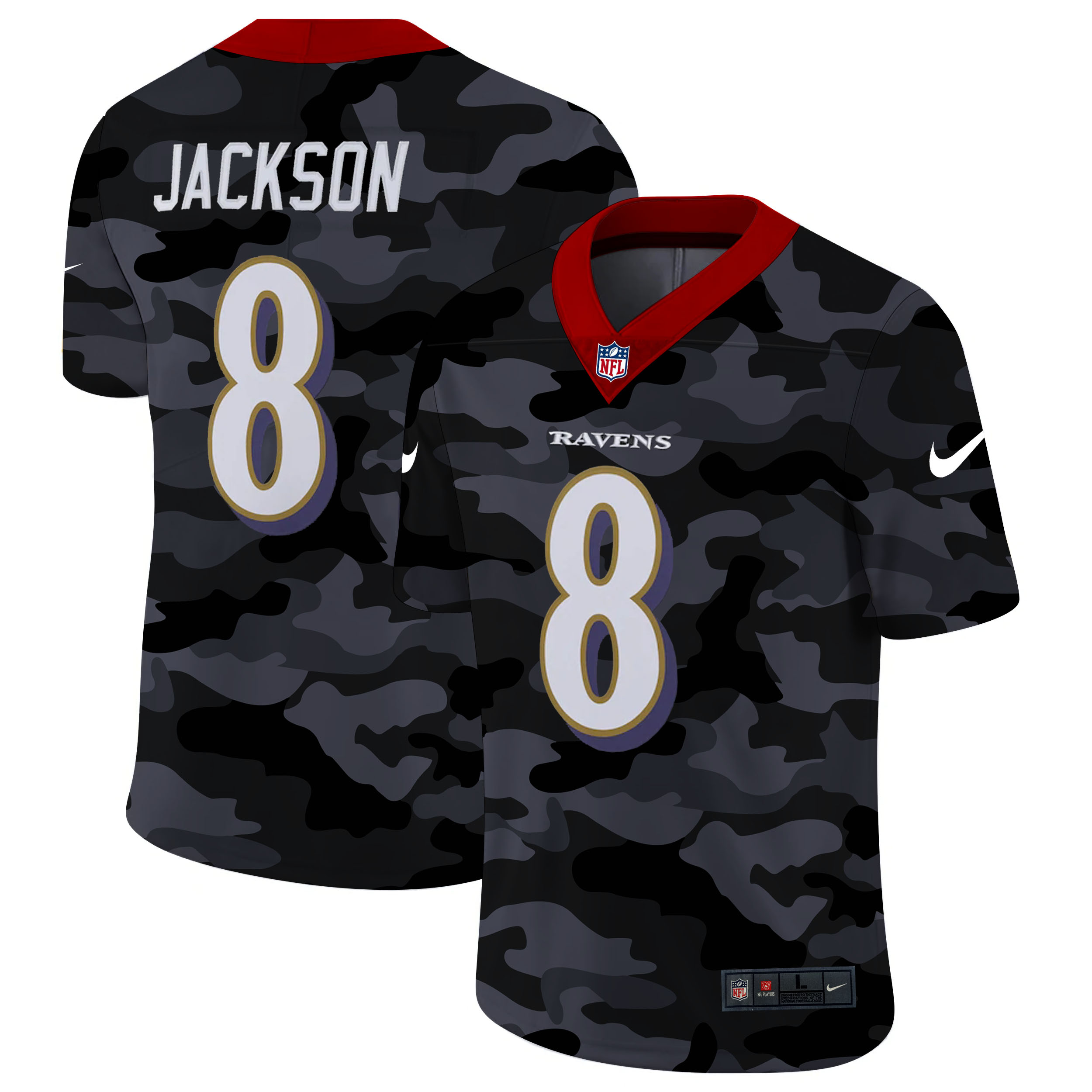 Personalized Baltimore Ravens #8 Lamar Jackson Men’s 2020 Black CAMO Untouchable Limited Stitched NFL Jersey