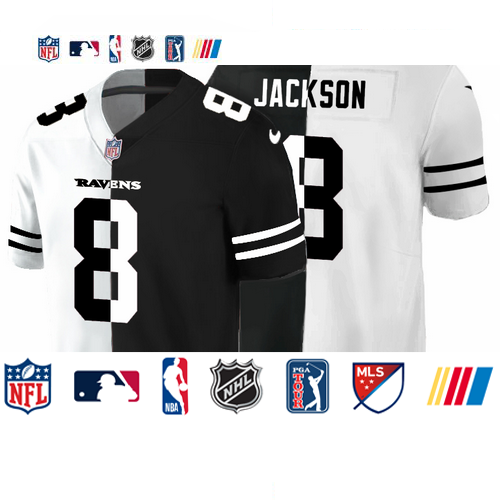 Personalized Baltimore Ravens #8 Lamar Jackson Men’s Black V White Peace Split Untouchable Limited NFL Jersey