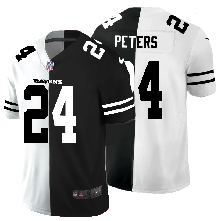 Personalized Baltimore Ravens #24 Marcus Peters Men’s Black V White Peace Split Untouchable Limited NFL Jersey