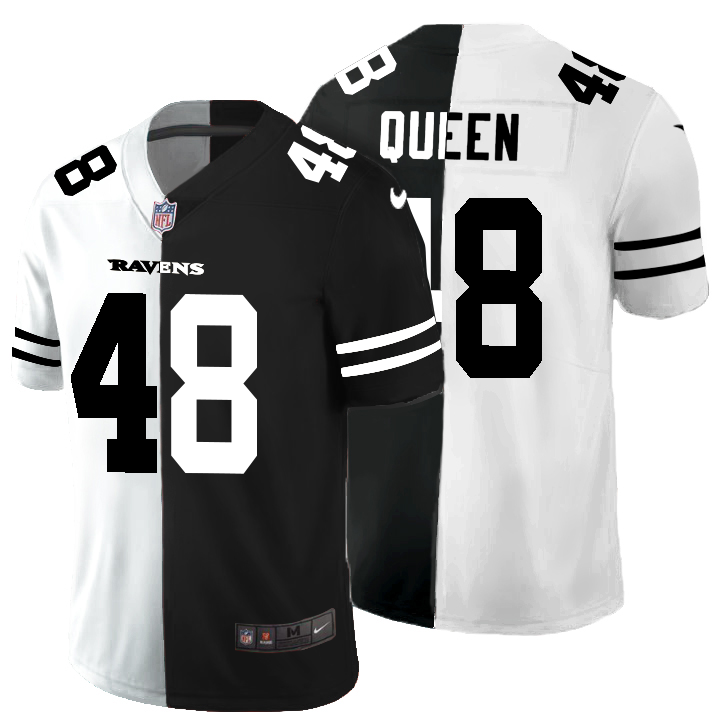 Personalized Baltimore Ravens #48 Patrick Queen Men’s Black V White Peace Split Untouchable Limited NFL Jersey