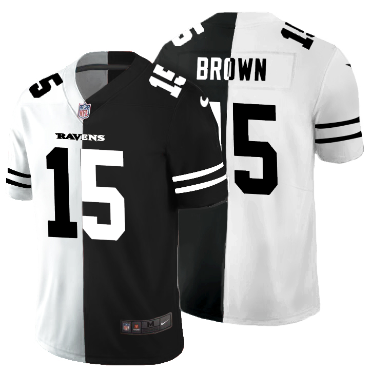 Personalized Baltimore Ravens #15 Marquise Brown Men’s Black V White Peace Split Untouchable Limited NFL Jersey