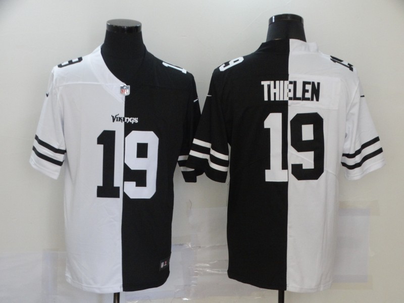 Personalized Vikings 19 Adam Thielen Black And White Split Untouchable Limited Jersey