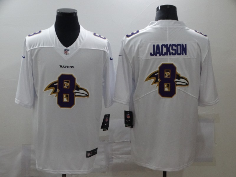 Personalized Ravens 8 Lamar Jackson White Shadow Logo Limited Jersey